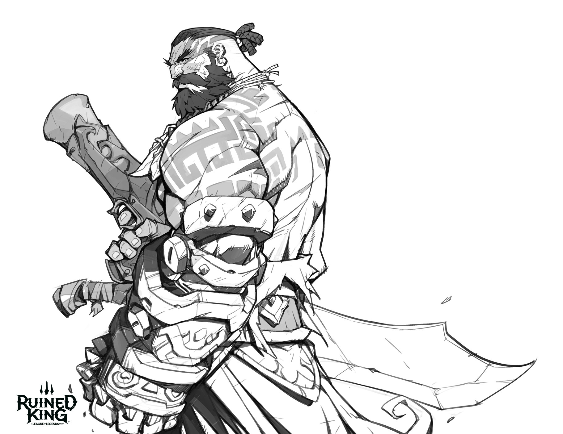 1boy beard copyright_name cowboy_shot facial_hair from_side gangplank_(league_of_legends) gauntlets grey_background greyscale gun hicham_habchi highres holding holding_gun holding_weapon league_of_legends monochrome mustache official_alternate_costume official_art oversized_object ruined_king:_a_league_of_legends_story short_hair shoulder_tattoo simple_background solo sword tattoo weapon white_background