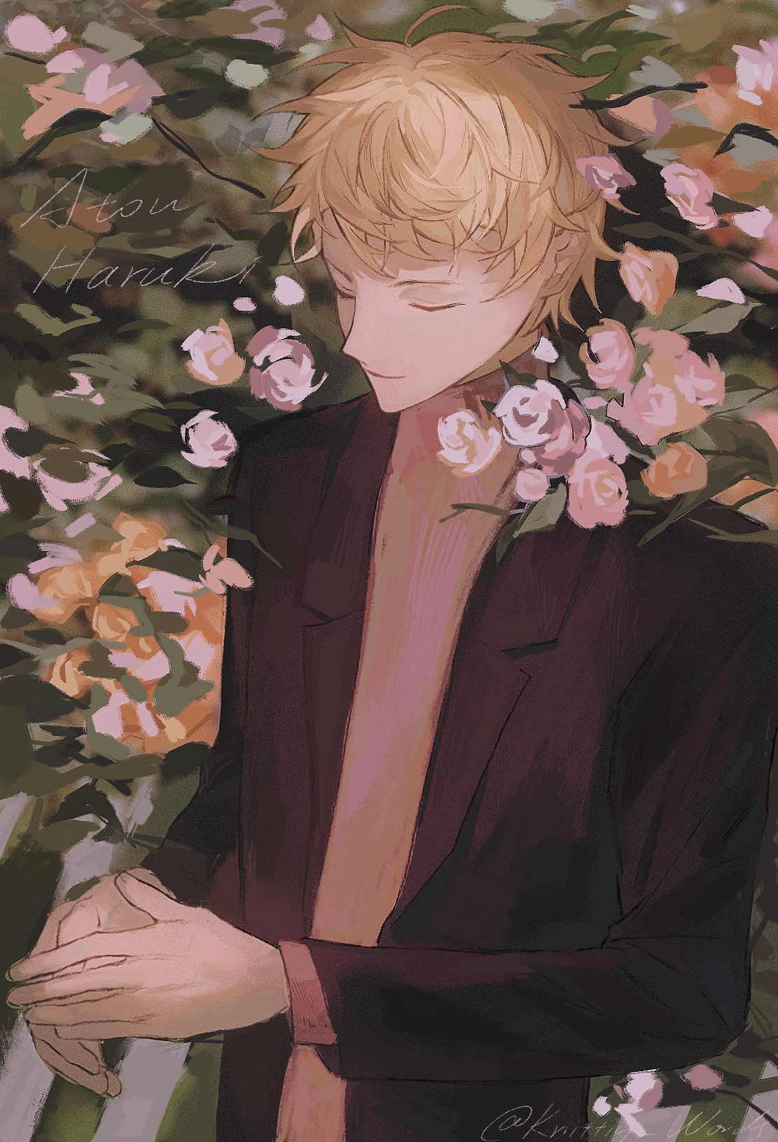 1boy atou_haruki black_jacket blonde_hair brown_sweater character_name closed_eyes closed_mouth flower highres jacket long_sleeves male_focus open_clothes open_jacket outdoors rose saibou_shinkyoku short_hair smile solo sweater turtleneck turtleneck_sweater upper_body white_flower white_rose zhiyanpianyu55126