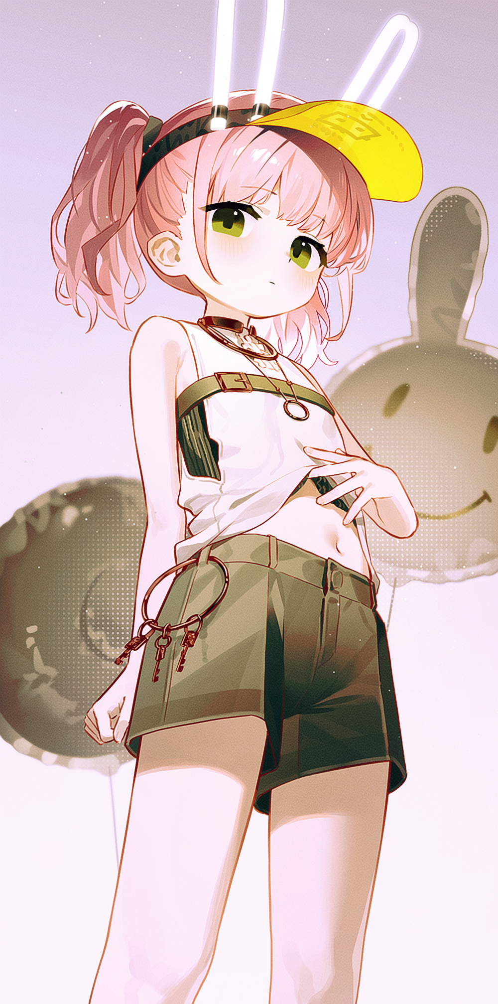 1girl animal_ears blush brown_shorts closed_mouth clothes_lift fake_animal_ears feet_out_of_frame from_below fymrie girls&#039;_frontline girls&#039;_frontline_neural_cloud green_eyes highres key keyring lifting_own_clothes looking_at_viewer navel pink_hair rabbit_balloon rabbit_ears shirt shirt_lift short_shorts shorts sleeveless sleeveless_shirt solo taisch_(neural_cloud) twintails visor_cap white_shirt