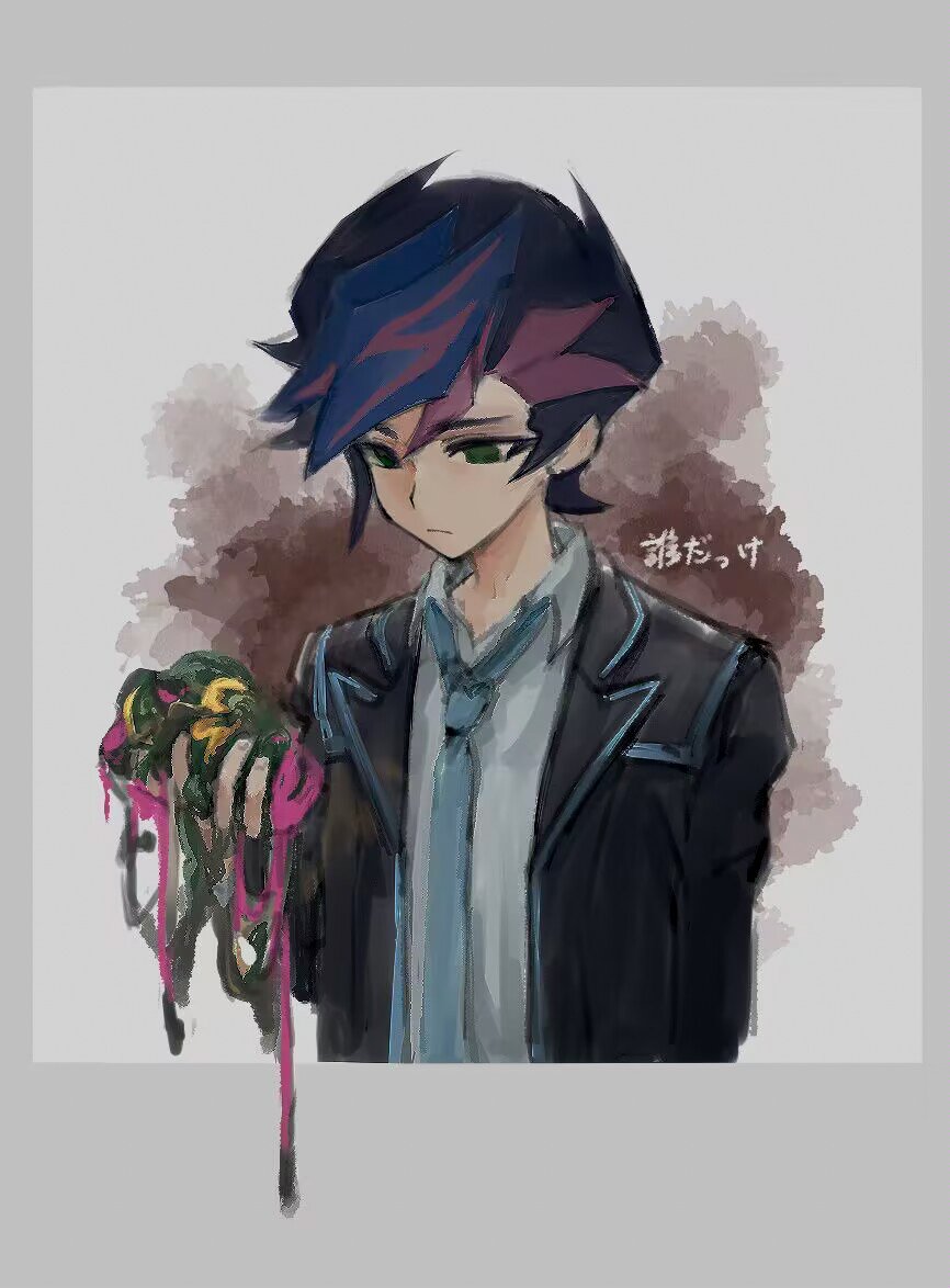 1boy blazer blue_hair blue_necktie blue_trim border cable colored_bangs dress_shirt empty_eyes facing_to_the_side fujiki_yusaku green_eyes grey_background grey_border holding holding_ribbon jacket looking_at_hand looking_at_object looking_down loose_necktie male_focus necktie novale110 open_clothes open_jacket ribbon school_uniform shirt spiked_hair upper_body white_background white_border white_shirt wire yu-gi-oh! yu-gi-oh!_vrains
