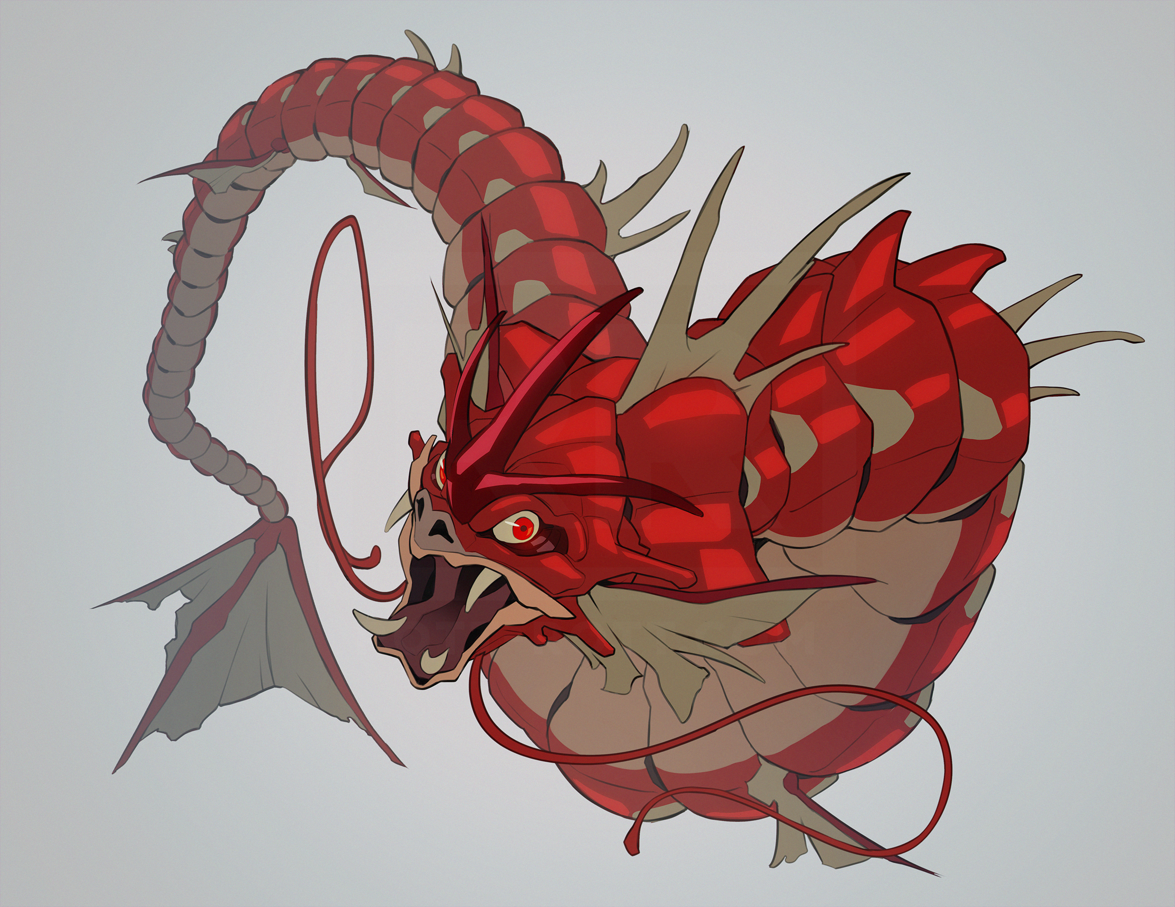 alternate_color commentary english_commentary fangs fins full_body gen_1_pokemon grey_background gyarados head_fins highres looking_at_viewer nintendo no_humans official_alternate_color open_mouth pokemon pokemon_(creature) red_eyes rott-rott shiny_pokemon