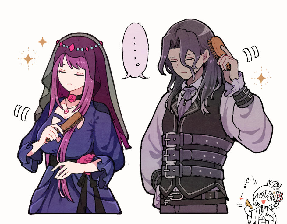 ... 1girl 2boys black_dress black_hair black_vest blue_necktie brushing_hair closed_eyes closed_mouth collared_shirt comb commentary_request dark-skinned_male dark_skin dress fire_emblem fire_emblem_engage hair_brush hand_on_own_hip holding holding_comb holding_hair_brush ivy_(fire_emblem) jewelry kagetsu_(fire_emblem) kuhaha long_hair long_sleeves multiple_boys necklace necktie nintendo purple_shirt shirt simple_background smile veil vest white_background zelkov_(fire_emblem)