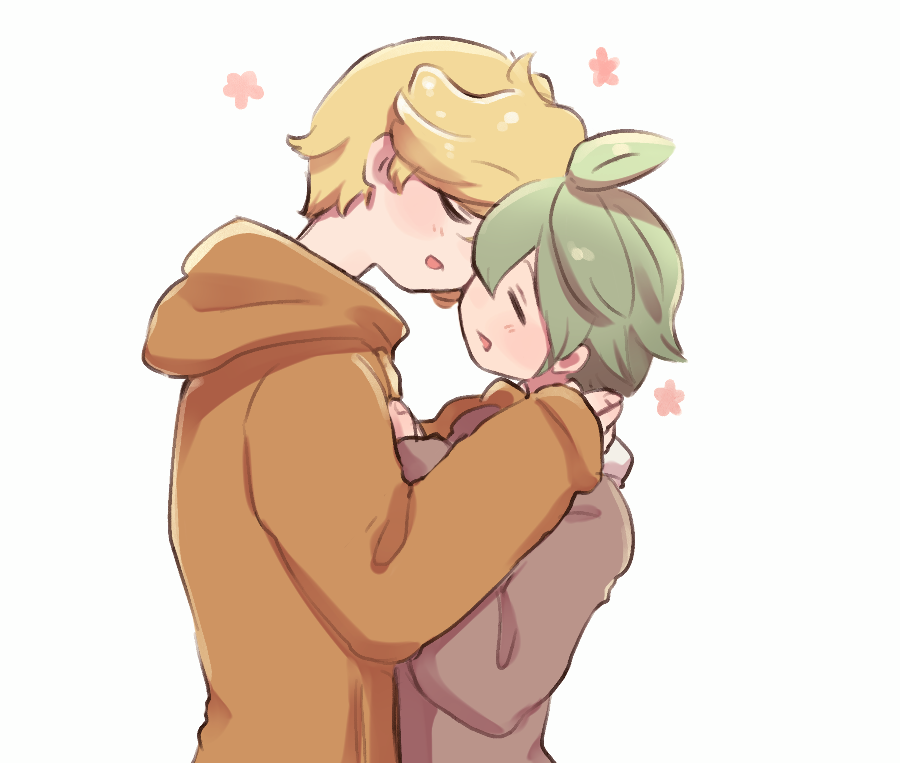 2boys ahoge alternate_costume blonde_hair blush brown_sweater brown_sweater_vest closed_eyes collared_shirt cookie_run face-to-face floral_print flower green_hair hair_between_eyes hands_on_another&#039;s_chest hands_on_another&#039;s_neck happy herb_cookie hood hood_down hoodie humanization long_sleeves male_focus multiple_boys niwa_(niwa827) open_mouth orange_hoodie shirt short_hair simple_background sleeves_past_wrists smile sparkling_cookie sweater sweater_vest tagme upper_body white_background white_shirt yaoi