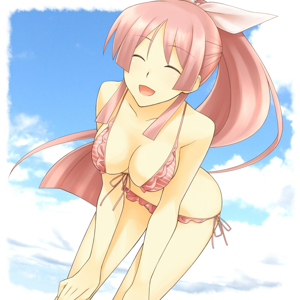 1girl alternate_hairstyle bikini breasts cleavage closed_eyes female_focus large_breasts leaning_forward long_hair mayo-black ootori_kanae_(soukou_akki_muramasa) open_mouth pink_bikini pink_hair ponytail smile solo soukou_akki_muramasa swimsuit very_long_hair