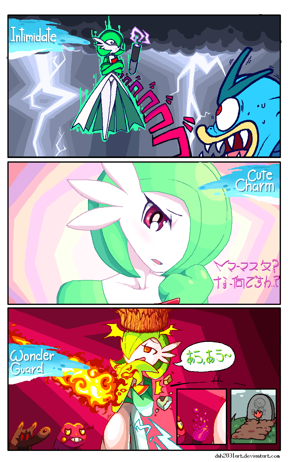 artist_name blue_skin bob_cut colored_skin croagunk cute_charm_(pokemon) dress fangs fire gardevoir gen_1_pokemon gen_3_pokemon gen_4_pokemon green_hair green_skin gyarados hair_over_one_eye highres intimidate_(pokemon) multicolored_skin nintendo pink_eyes pokemon pokemon_(creature) soundog-2031 tombstone trace_(pokemon_ability) two-tone_skin white_dress white_skin wonder_guard_(pokemon)