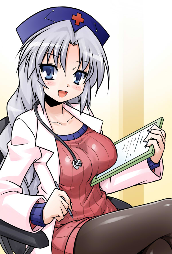 1girl akou_roushi black_pantyhose blue_eyes blush braid breasts chair clipboard crossed_legs female_focus hat holding lab_coat large_breasts long_hair long_sleeves looking_at_viewer open_mouth pantyhose paper pen ribbed_sweater silver_hair simple_background sitting smile solo stethoscope sweater touhou yagokoro_eirin