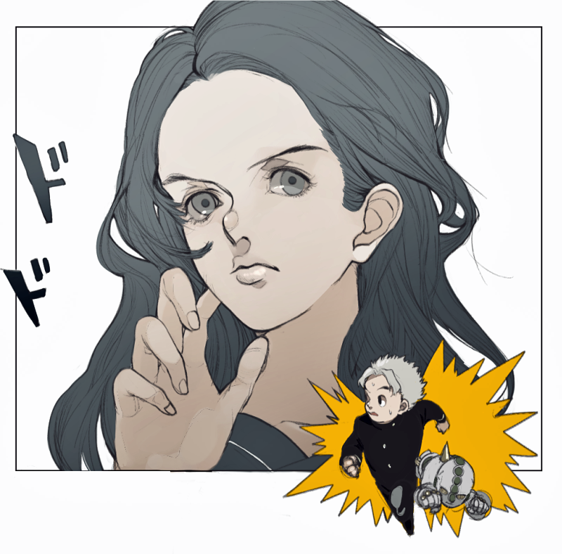 1girl 2boys bad_id bad_pixiv_id black_hair echoes_(stand) echoes_act3 hirose_koichi jojo_no_kimyou_na_bouken long_hair minamoto_(mnmtnys473) multiple_boys simple_background yamagishi_yukako