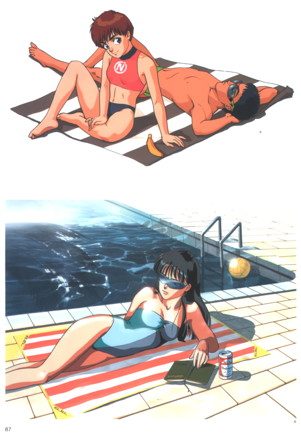 1990s_(style) 1boy 2girls ball banana barefoot beach_towel beer_can black_hair blue-tinted_eyewear blue-tinted_glasses blue_one-piece_swimsuit book breasts brown_hair can cleavage closed_eyes drink_can feet_out_of_frame food fruit hand_on_own_leg highres izumi_noa kanuka_clancy kidou_keisatsu_patlabor knee_up long_hair looking_at_viewer lying multiple_girls official_art on_back on_side one-piece_swimsuit open_book pool retro_artstyle shinohara_asuma short_hair sitting smile strapless strapless_one-piece_swimsuit sunglasses swimsuit tinted_eyewear towel volleyball volleyball_(object) water