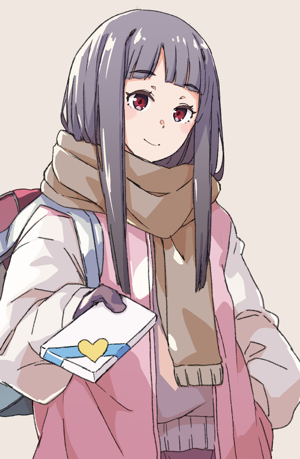1girl backpack bag black_hair highres houraisan_kaguya incoming_gift jack_(wkm74959) long_hair looking_at_viewer red_eyes simple_background smile solo touhou valentine white_background
