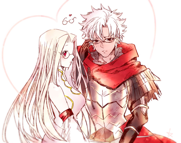 1boy 1girl armor bespectacled black_eyes blonde_hair breastplate breasts commentary dark-skinned_male dark_skin detached_sleeves dress dress_of_heaven emiya_kiritsugu emiya_kiritsugu_(assassin) empty_eyes fate/grand_order fate_(series) glasses heart irisviel_von_einzbern irisviel_von_einzbern_(caster) kouya_(kyk428) large_breasts long_hair red_eyes red_scarf scarf signature very_long_hair white_dress white_hair