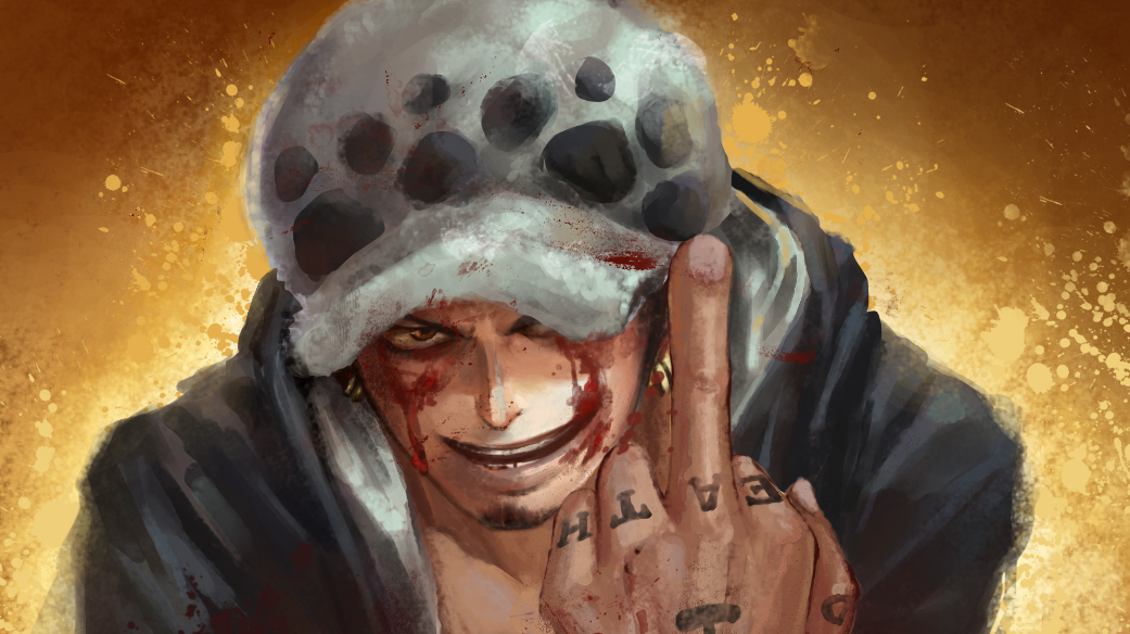 1boy black_hair blood blood_on_face commentary_request earrings facial_hair finger_tattoo fur_hat goatee hand_tattoo hat hat_over_one_eye jewelry ljjshmhday looking_at_viewer male_focus middle_finger one_piece open_mouth short_hair sideburns smile solo tattoo teeth trafalgar_law