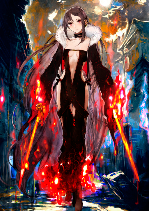 arms_at_sides black_choker black_dress black_jacket black_socks breasts breasts_apart brown_hair choker clothing_cutout collarbone dress dual_wielding ear_piercing embers fate/grand_order fate_(series) flaming_weapon floating_hair full_body fur-trimmed_jacket fur_trim game_cg head_tilt holding holding_sword holding_weapon jacket legs_together long_dress long_hair long_sidelocks long_sleeves looking_at_viewer medium_breasts multiple_piercings narrow_waist navel navel_cutout no_shoes official_art open_clothes open_jacket parted_bangs piercing red_eyes revealing_clothes sideless_dress sidelocks socks stomach_cutout strapless strapless_dress sword third-party_source toi8 underboob variant_set very_long_hair weapon yu_mei-ren_(fate) yu_mei-ren_(third_ascension)_(fate)
