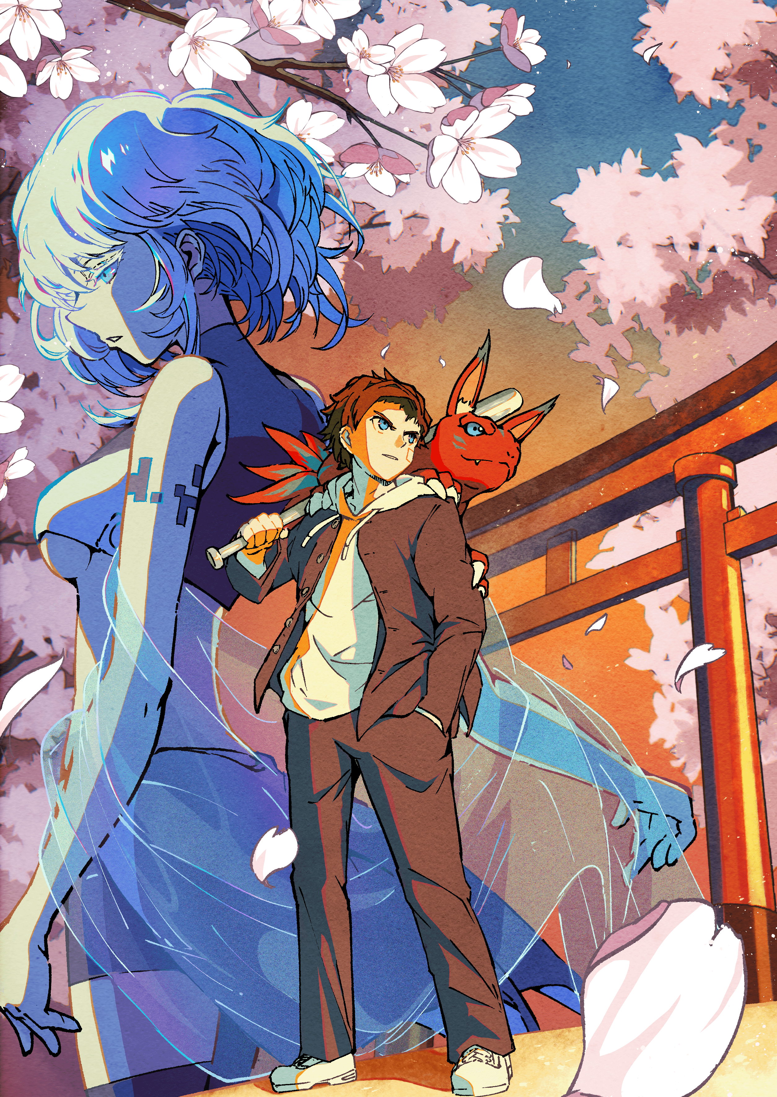 absurdres baseball_bat breasts digimon digimon_paradox elecmon eve_(digimon) falling_petals fang highres official_art petals shinonome_reiji underboob