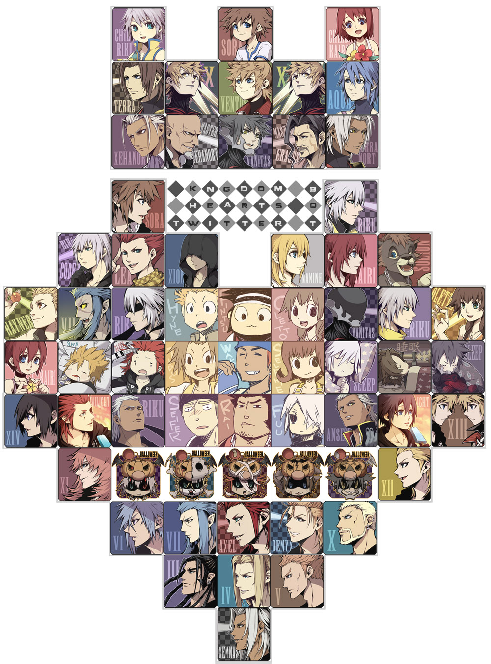 6+boys 6+girls aged_down animalization ansem_seeker_of_darkness aqua_(kingdom_hearts) bad_id bad_pixiv_id bald black_coat_(kingdom_hearts) black_facial_hair black_gloves blonde_hair blue_eyes blue_hair brown_hair character_name chibi closed_eyes copyright_name covered_eyes crossed_arms dark-skinned_male dark_persona dark_skin demyx dusk_(kingdom_hearts) everyone facial_hair facial_mark final_fantasy final_fantasy_viii final_fantasy_x flower food fuujin_(ff8) gloves goatee halloween hayner head_on_pillow highres holding holding_flower hood hood_over_eyes hood_up ice_cream jack-o&#039;-lantern kairi_(kingdom_hearts) kingdom_hearts kingdom_hearts_358/2_days kingdom_hearts_birth_by_sleep kingdom_hearts_ii larxene lea_(kingdom_hearts) lexaeus luxord marluxia master_eraqus master_xehanort multiple_boys multiple_girls multiple_persona multiple_views namine official_alternate_costume old old_man olette open_mouth parted_bangs pence pillow raijin_(ff8) red_hair riku_(kingdom_hearts) roxas saix saliva scar scar_on_face seifer_almasy selphie_tilmitt short_hair sleeping smile sora_(kingdom_hearts) spiked_hair terra-xehanort terra_(kingdom_hearts) the_lion_king tidus tore_(ksg666xxx) under_covers upper_body ventus-vanitas ventus_(kingdom_hearts) vexen wakka xaldin xehanort xemnas xion_(kingdom_hearts) yellow_eyes zexion
