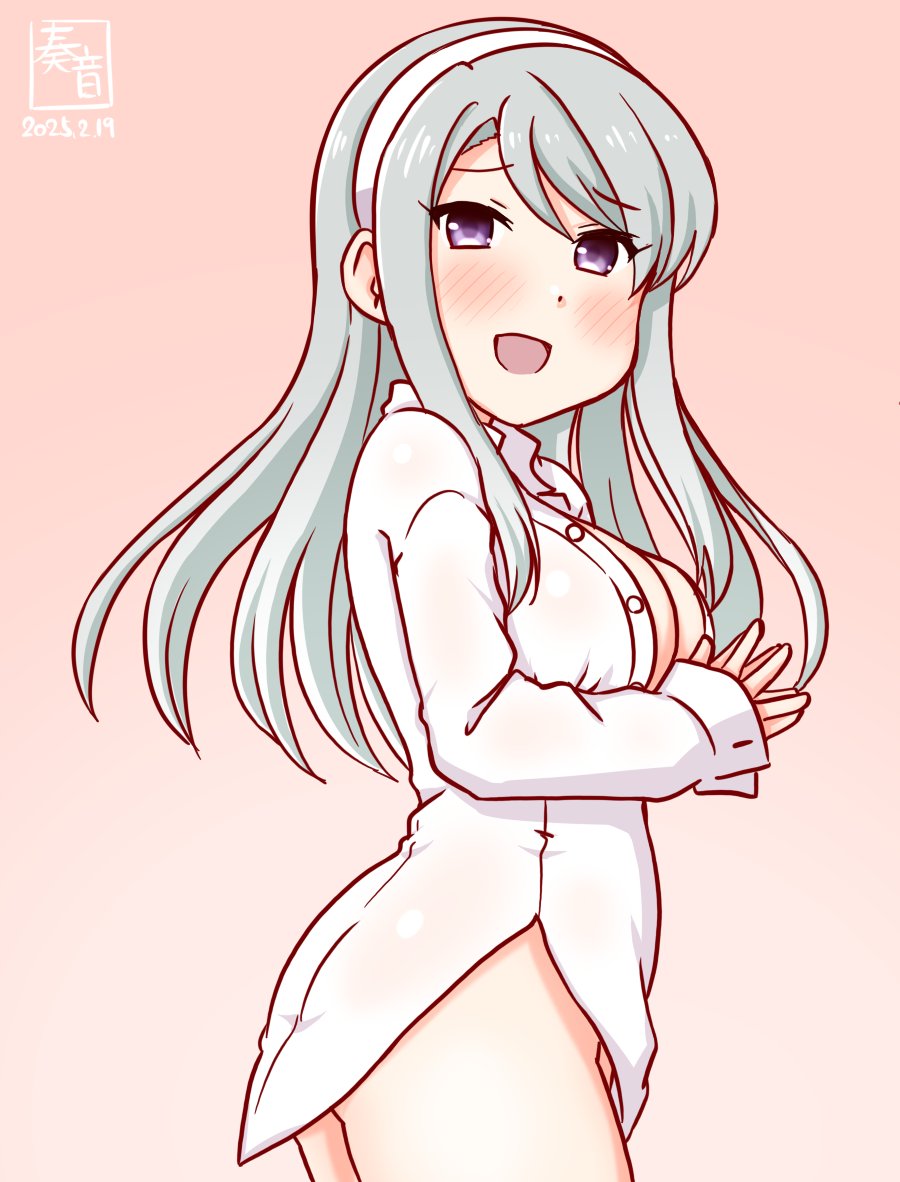 1girl alternate_breast_size artist_logo breasts cleavage collared_shirt dated dress_shirt gradient_background grey_hair hairband kanon_(kurogane_knights) kantai_collection logo long_hair medium_breasts open_clothes open_shirt pink_background purple_eyes sagiri_(kancolle) shirt smile solo standing steepled_fingers white_hairband white_shirt