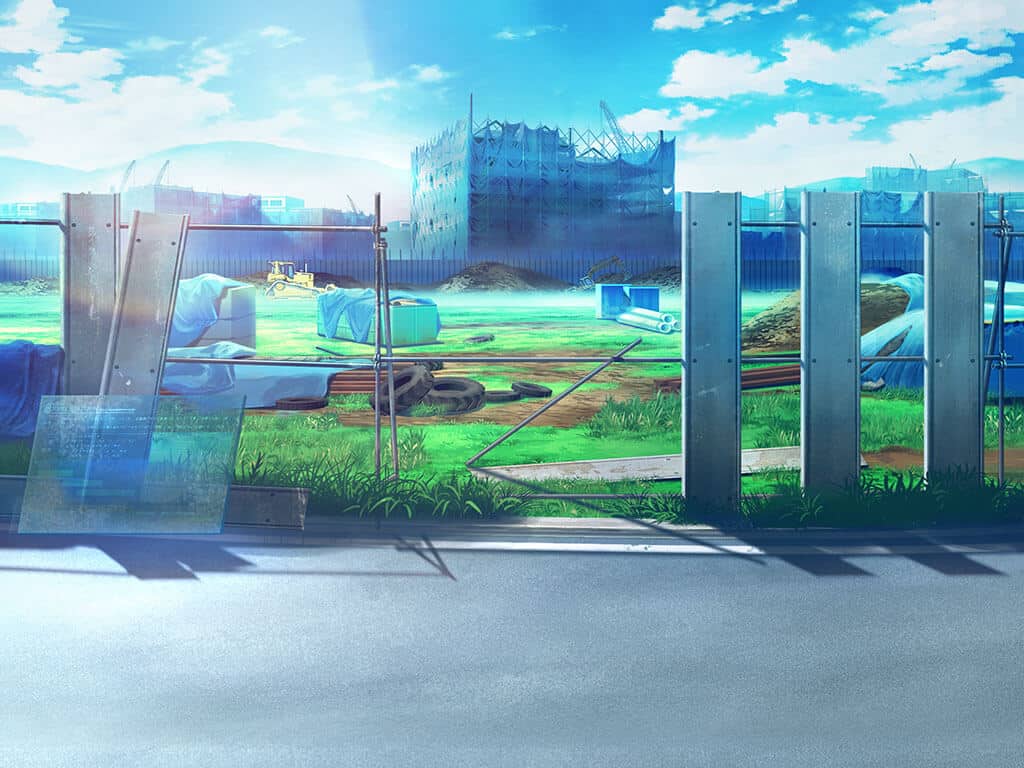 artist_request blue_sky bulldozer cloud construction day dirt fence game_cg grass magia_record:_mahou_shoujo_madoka_magica_gaiden mahou_shoujo_madoka_magica mountainous_horizon no_humans official_art outdoors road scenery shadow sky street sunlight unused_tire