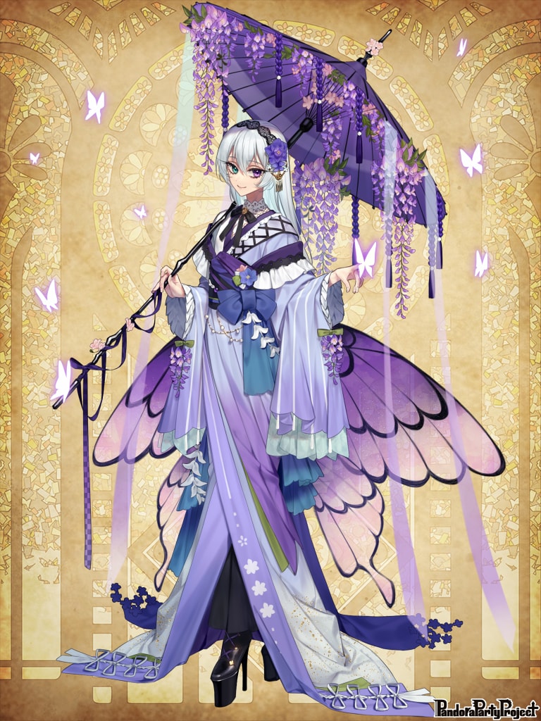 1girl aqua_eyes black_boots black_hairband black_ribbon black_sash blue_bow boots bow bug butterfly butterfly_on_hand butterfly_wings copyright_name floral_print flower flower_ornament flower_trim frilled_kimono frills full_body glowing_butterfly hair_between_eyes hair_flower hair_ornament hairband hand_up heterochromia high_heel_boots high_heels holding holding_umbrella insect insect_wings japanese_clothes kimono lace lace-trimmed_shirt lace-up_boots lace_hairband lace_trim long_hair long_sleeves looking_at_viewer low_wings multicolored_kimono neck_ribbon obi off_shoulder oil-paper_umbrella oriti4 pandora_party_project platform_boots platform_footwear platform_heels purple_butterfly purple_eyes purple_flower purple_kimono purple_ribbon purple_umbrella ribbon sash see-through_clothes shirt smile solo stained_glass standing tassel umbrella umbrella_flower waist_bow white_hair white_shirt wide_sleeves wings wisteria yellow_background