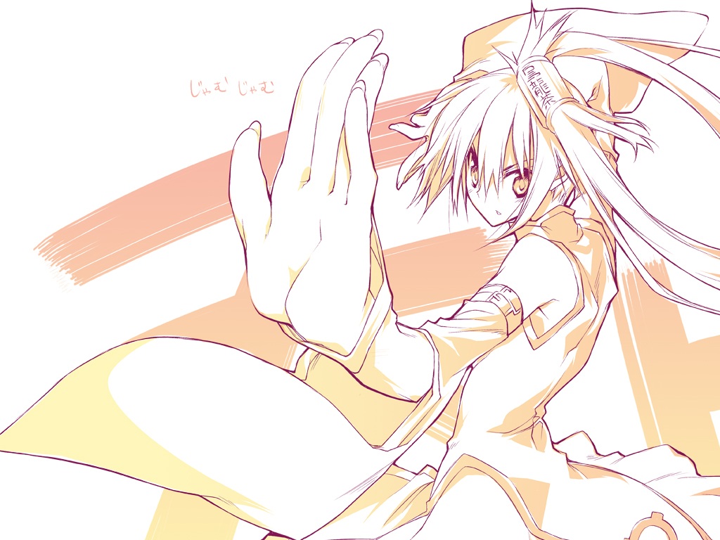 10mo 1girl arc_system_works detached_sleeves female_focus foreshortening guilty_gear japanese_clothes kuradoberi_jam monochrome solo twintails wide_sleeves