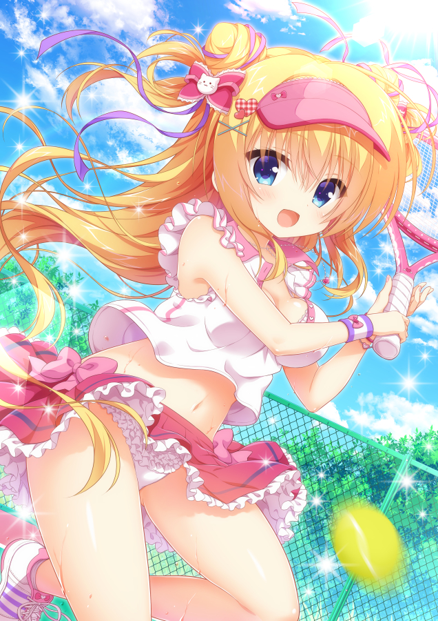 1girl :d ball blonde_hair blue_eyes blue_sky bra breasts cat_hair_ornament chain-link_fence clothes_lift cloud cloudy_sky crop_top crop_top_overhang day double_bun dutch_angle female_focus fence frilled_shirt frilled_skirt frills hair_between_eyes hair_bun hair_ornament hair_ribbon hip_focus holding kamishiro_piyo light_rays long_hair looking_at_viewer medium_breasts moe2017 navel open_mouth original outdoors panties purple_ribbon racket red_skirt ribbon shirt shoes skirt skirt_lift sky sleeveless sleeveless_shirt smile sneakers socks solo sparkle sportswear sunbeam sunlight tennis tennis_ball tennis_racket tennis_uniform thighs two_side_up unbuttoned unbuttoned_shirt underwear upskirt very_long_hair visor_cap white_bra white_panties white_shirt white_socks wristband