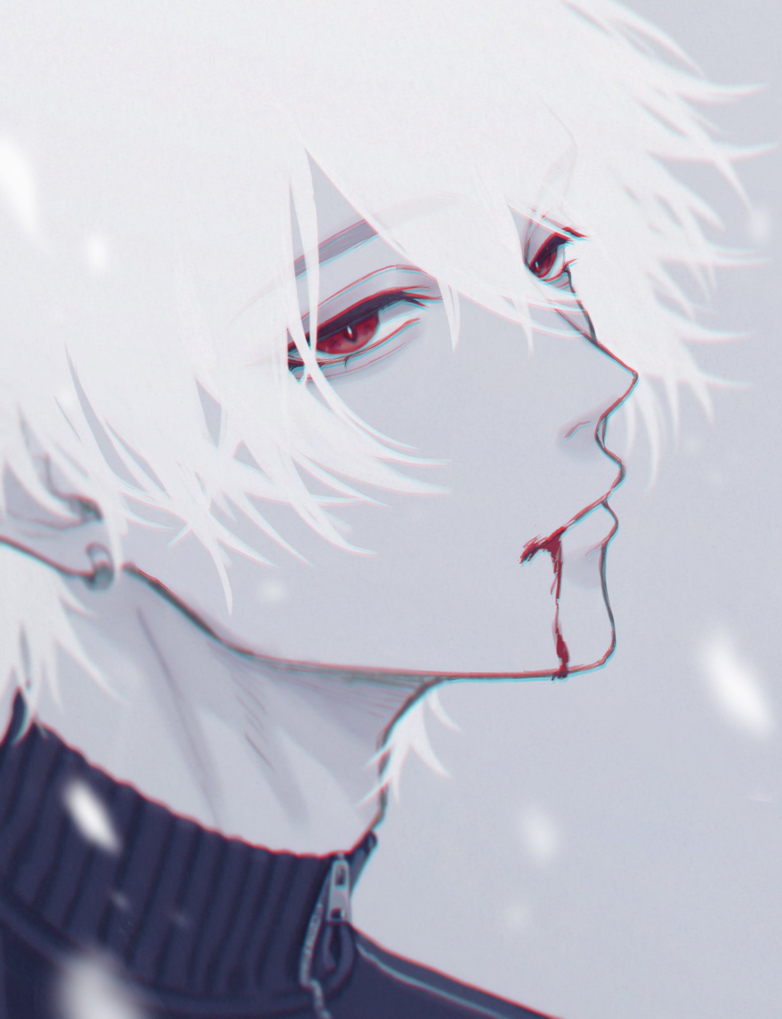 1boy blood blood_from_mouth closed_mouth commentary earrings grey_background hair_between_eyes hashtag-only_commentary highres jacket jewelry kuzuha_(nijisanji) light_particles looking_to_the_side male_focus moxamog nijisanji pale_skin partially_colored portrait red_eyes short_hair solo virtual_youtuber white_hair zipper zipper_pull_tab