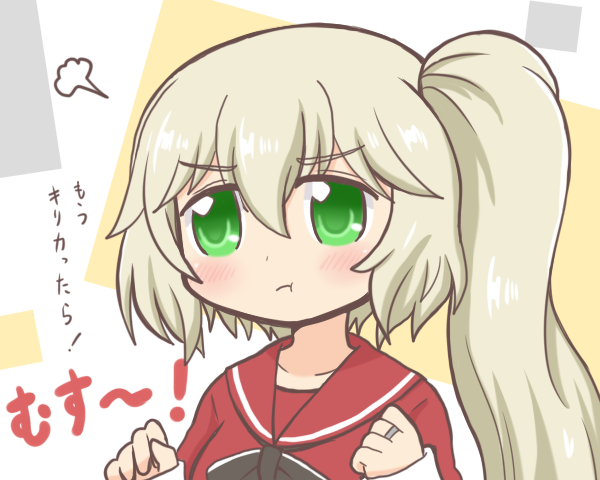 1girl bad_id bad_twitter_id blonde_hair blush clenched_hands closed_mouth commentary_request green_eyes hair_between_eyes hands_up jewelry long_hair long_sleeves mahou_shoujo_madoka_magica mahou_shoujo_oriko_magica mikuni_oriko pout puff_of_air red_shirt reverse_(bluefencer) ring sailor_collar school_uniform shiraha_private_academy_school_uniform shirt side_ponytail solo translation_request upper_body