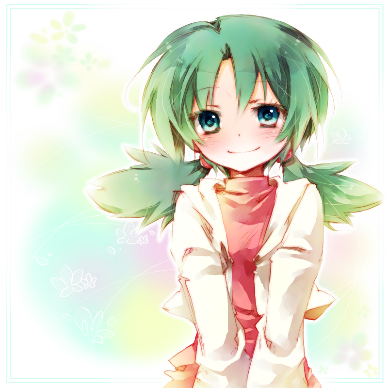 1990s_(style) 1girl alternate_hair_color amamiya_kabosu aqua_eyes bad_id bad_pixiv_id blue_eyes blush female_focus floral_background flower green_hair jacket kris_(pokemon) looking_at_viewer nintendo pokemon pokemon_adventures pokemon_gsc retro_artstyle smile solo turtleneck twintails