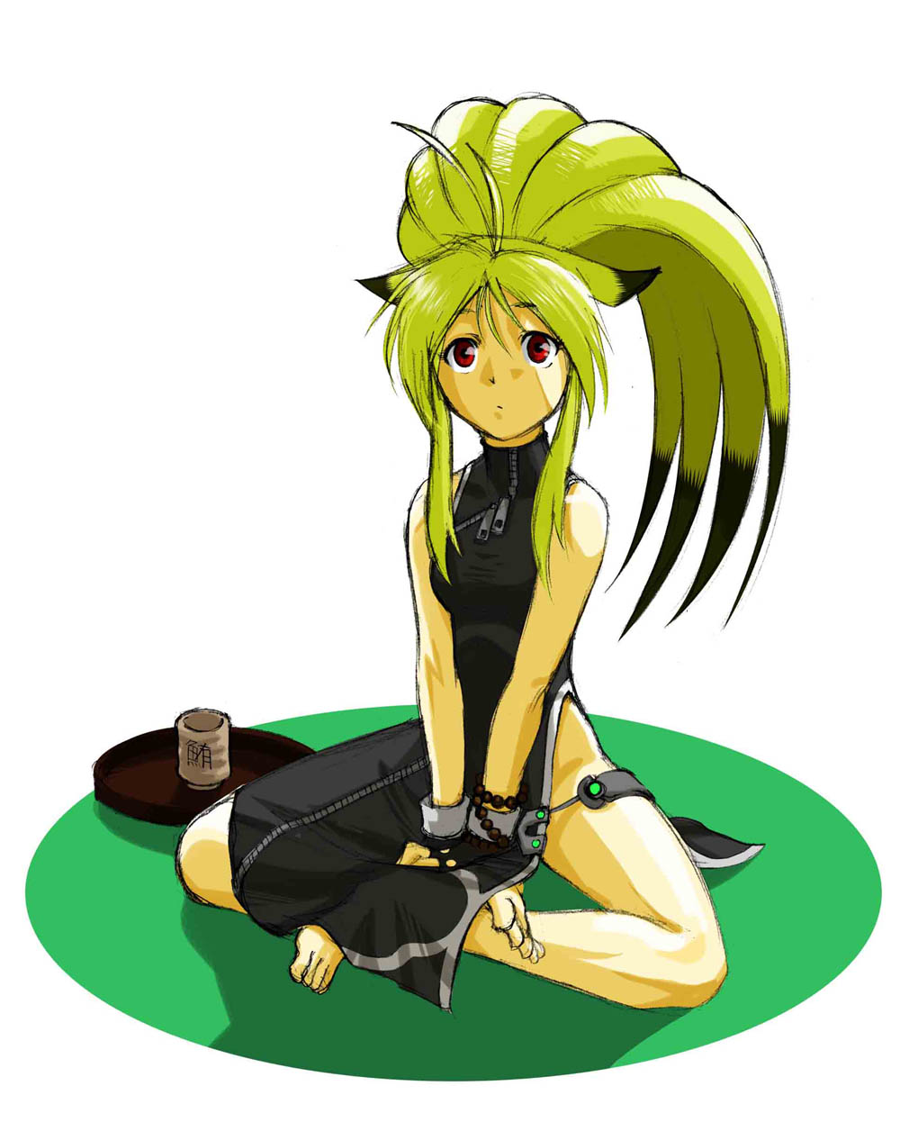1girl animal_ears banpresto barefoot blonde_hair capcom china_dress chinese_clothes dress female_focus fox_ears fox_tail highres indian_style kazue multicolored_hair namco namco_x_capcom red_eyes side_slit sitting sketch solo super_robot_wars super_robot_wars_og_saga_mugen_no_frontier tail toes two-tone_hair xiaomu zipper