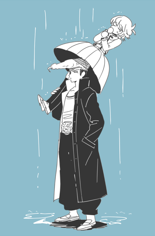 2boys blue_background carrying carrying_person coat crossdressing danganronpa:_trigger_happy_havoc danganronpa_(series) dg_xhs fujisaki_chihiro full_body greyscale_with_colored_background hand_in_pocket improvised_umbrella long_sleeves male_focus multiple_boys open_clothes open_coat owada_mondo pants pleated_skirt pompadour rain shirt shoes short_hair skirt standing trap