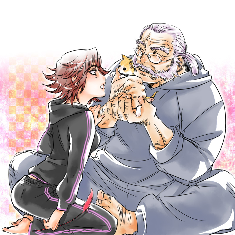 1boy 1girl baby_animal barefoot beard brown_eyes brown_hair cat closed_eyes couple facial_hair feathers feet geru_(anorexia) glasses grey_hair kitten long_hair ponytail sengoku_musou sengoku_musou_2 shimazu_yoshihiro short_hair sitting tachibana_ginchiyo