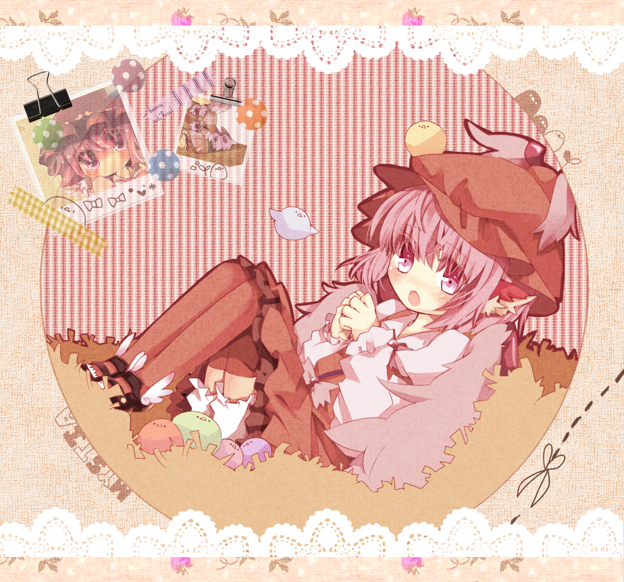 1girl bad_id bad_pixiv_id bird bloomers blush female_focus hat lying mary_janes mystia_lorelei nest on_back open_mouth photo_(object) pink_eyes pink_hair piyyoota shoes short_hair solo touhou underwear upskirt winged_footwear wings
