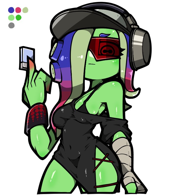 1girl :| bandaged_arm bandages baseball_cap black_bra black_dress blue_hair bra bracelet breasts cephalopod_eyes cleavage closed_mouth color_guide colored_skin covered_navel dedf1sh dress green_skin hair_over_one_eye hand_up hat headphones headphones_over_headwear horizontal_pupils jewelry long_hair medium_breasts name_omoitukan2 nintendo octoling red-tinted_eyewear shiny_skin simple_background solo splatoon_(series) sunglasses tentacle_hair thick_lineart tinted_eyewear underwear white_background