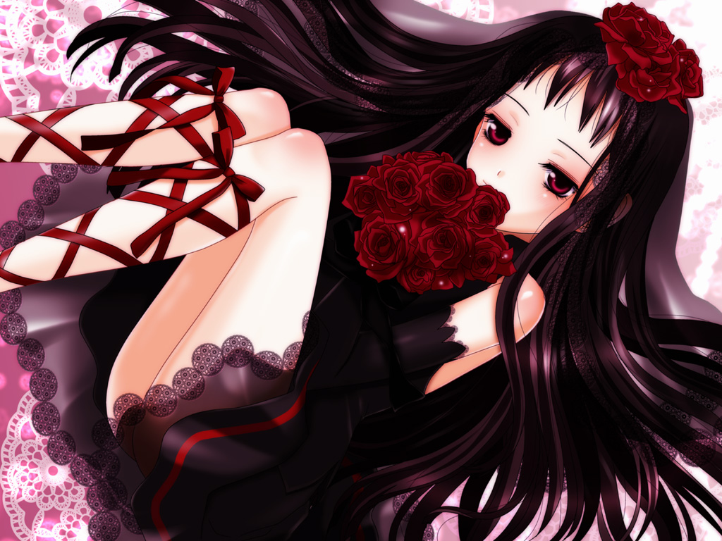 1girl ar_tonelico ar_tonelico_ii bare_shoulders black_hair bouquet child dress female_focus flower hair_flower hair_ornament inumori_sayaka jakuri_(ar_tonelico) leg_ribbon long_hair red_eyes ribbon rose solo