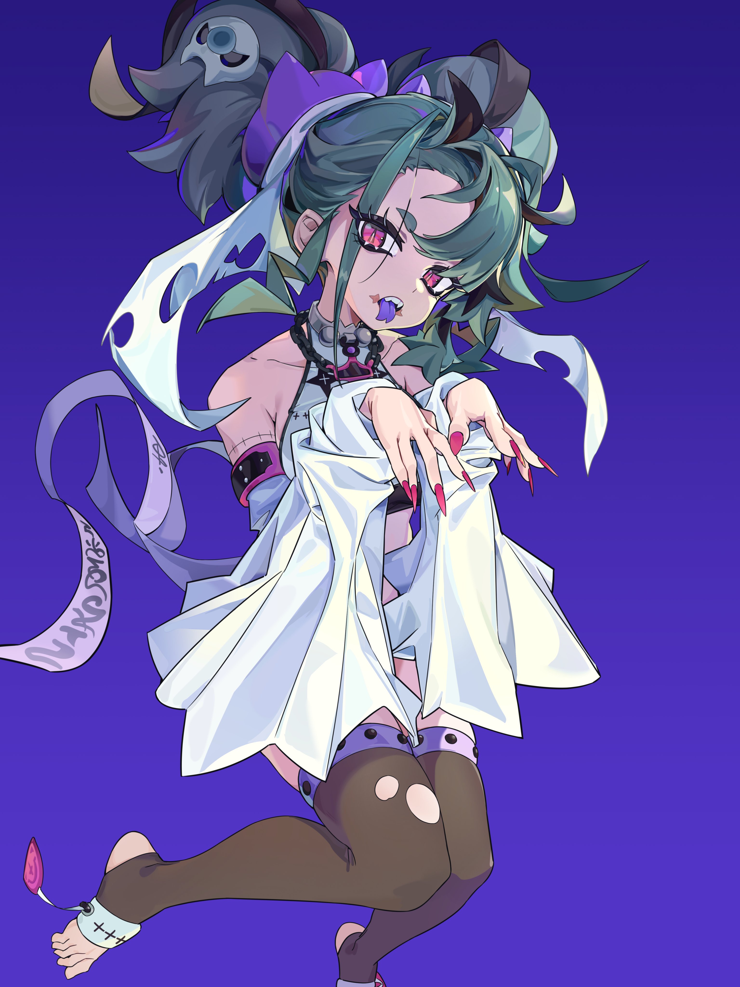 1girl :p absurdres aqua_hair armlet bare_shoulders black_thighhighs blue_background bright_pupils cat_hair_ornament chain chain_necklace choker colored_mouth crop_top detached_sleeves double_bun fangs fingernails foot_out_of_frame grey_choker gugugugezi1 hair_bun hair_ornament halterneck highres jewelry knees_together_feet_apart long_fingernails long_sleeves looking_at_viewer medium_hair nail_polish necklace original outstretched_arms pink_eyes pink_nails pointy_ears purple_mouth scar scar_on_face scar_on_mouth short_eyebrows simple_background slit_pupils solo stitched_arm stitches studded_thigh_strap thigh_strap thighhighs toeless_footwear tongue tongue_out torn_clothes torn_thighhighs tsurime white_pupils white_sleeves wide_sleeves zombie_pose