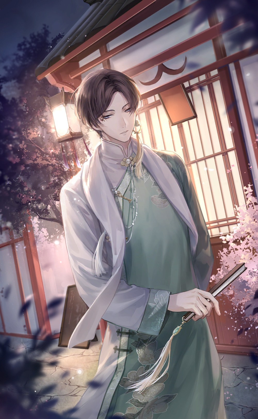 1boy architecture artist_request brown_hair building cherry_blossoms chinese_clothes cloud_print cowboy_shot earrings east_asian_architecture expressionless falling_petals folded_fan folding_fan game_cg gold_earrings green_hanfu grey_eyes half-closed_eyes hand_fan hanfu high_collar highres holding holding_fan hoop_earrings jewelry light_particles long_sleeves looking_at_viewer male-female_symbol mandarin_collar marking_on_cheek night night_sky nikki_(series) official_art outdoors parted_lips petals qin_yi shawl shining_nikki short_hair single_earring sky solo spring_(season) tassel tassel_earrings tree two-tone_hanfu walking white_hanfu white_shawl