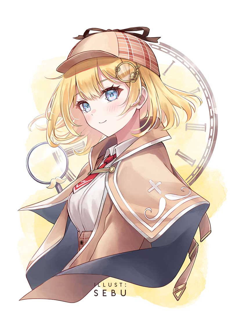 1girl blonde_hair blue_eyes bob_cut breasts brown_capelet capelet detective hair_ornament hat holding holding_magnifying_glass hololive hololive_english long_sleeves looking_at_viewer magnifying_glass mustache_print necktie plaid_clothes plaid_skirt pocket_watch red_necktie sebu_illust shirt short_hair short_necktie skirt smile solo virtual_youtuber watch watson_amelia watson_amelia_(1st_costume) white_shirt