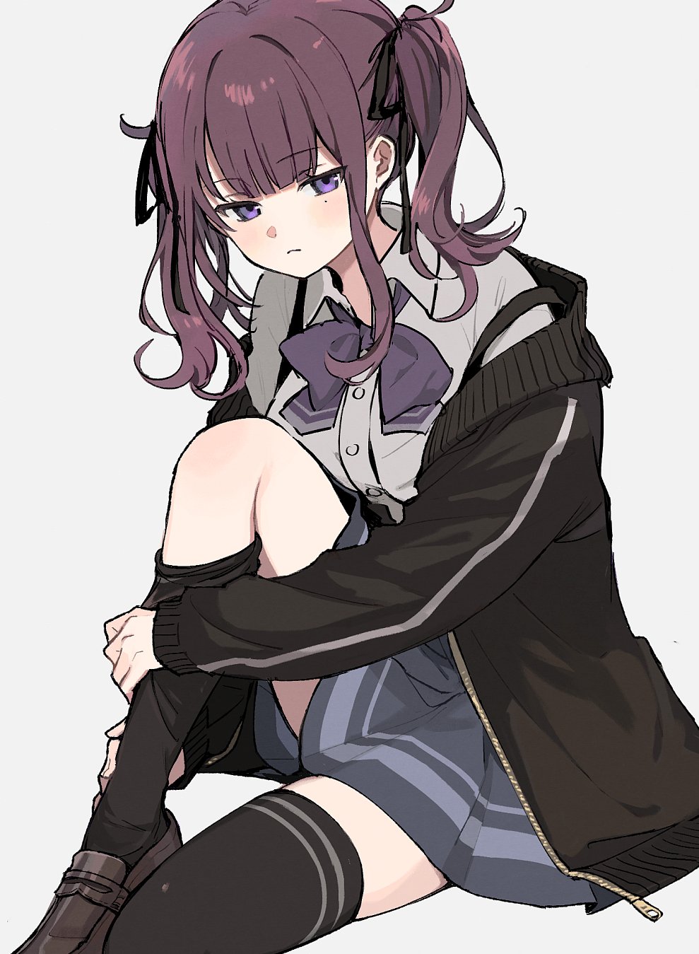 1girl black_jacket black_ribbon black_thighhighs blue_skirt bow bowtie boyano brown_shoes cevio closed_mouth commentary_request grey_background grey_shirt hair_ribbon highres hugging_own_legs jacket knee_up loafers long_hair long_sleeves mole mole_under_eye natsuki_karin open_clothes open_jacket pleated_skirt purple_bow purple_bowtie purple_eyes purple_hair ribbon shirt shoes simple_background sitting skirt solo synthesizer_v thighhighs twintails