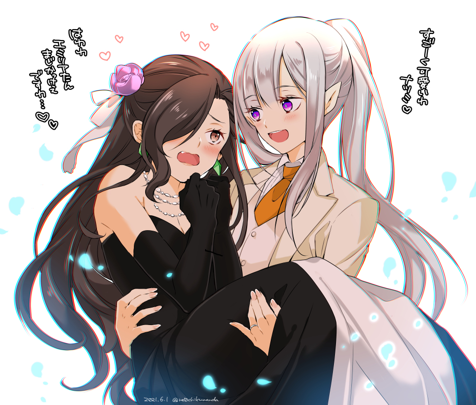 1boy 1girl :d armpit_crease arms_up artist_name black_dress black_gloves blue_pupils blunt_bangs blush bow breasts bridal_gauntlets bright_pupils brown_eyes brown_hair buttons buu_(buu02) carrying chromatic_aberration cleavage clenched_hand collared_shirt commentary_request crossdressing crystal_earrings d: dated dress earrings emilia_(re:zero) falling_petals fang fascinator flat_chest floating_hair flower formal_clothes furrowed_brow genderswap genderswap_(ftm) genderswap_(mtf) gloves glowing glowing_petals grey_hair hair_between_eyes hair_flower hair_ornament heart husband_and_wife jewelry long_hair long_sleeves looking_at_another multiple_necklaces natsuki_subaru natsumi_schwarz necklace necktie one_eye_covered open_mouth orange_necktie pearl_necklace pectoral_cleavage pectorals petals pink_flower pink_lips pink_rose pinstripe_pattern pinstripe_shirt pointy_ears ponytail princess_carry purple_eyes re:zero_kara_hajimeru_isekai_seikatsu ring rose shirt sidelocks simple_background small_breasts smile spoken_heart straight_hair striped suit teeth translation_request twitter_username upper_body upper_teeth_only vest wavy_hair wedding_ring white_background white_bow white_hair white_vest yellow_suit
