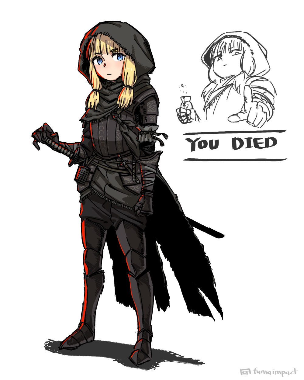 1girl armor black_cloak blonde_hair blue_eyes blunt_bangs blush bottle breastplate cloak closed_mouth dark_souls_(series) dark_souls_i dark_souls_iii english_text estus_flask fumato gauntlets glass_bottle greaves highres holding holding_bottle hood hood_up katana knife light_blush medium_hair pauldrons pointing scabbard sheath sheathed shoulder_armor simple_background sketch solo standing sword torn_cloak torn_clothes twitter_username vambraces weapon white_background you_died