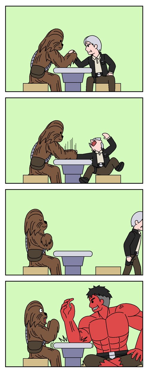 actor_connection alien arm_wrestling belt black_hair brown_fur brown_hair captain_america:_brave_new_world captain_america_(series) chewbacca colored_skin crossover elbow_on_table han_solo han_solo_belt hand_on_table harrison_ford highres holding jacket marvel marvel_cinematic_universe muscular muscular_male open_mouth overpowering pants red-hulk red_skin redol shirt short_hair star_wars strong table teeth topless_male wookiee