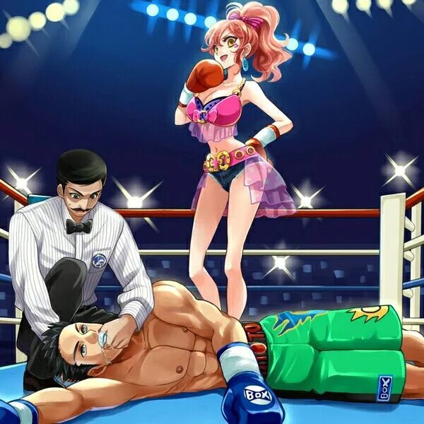 1girl 2boys artist_request boxing boxing_gloves boxing_ring defeat humiliation multiple_boys navel tagme tanimati_kudari