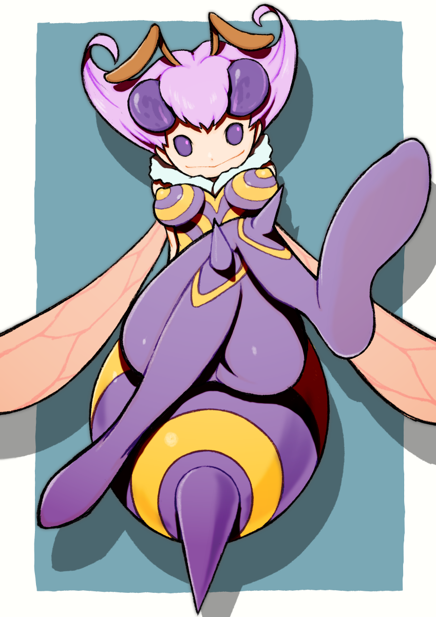 1girl abdomen_tail antennae arthropod_girl bee_girl beeru_(veil8801) breasts closed_mouth covered_erect_nipples crossed_legs darkstalkers drop_shadow extra_eyes fur_collar highres insect_girl insect_wings knee_spikes looking_at_viewer medium_breasts pantyhose pink_wings purple_eyes purple_hair purple_pantyhose q-bee short_hair sitting_on_own_tail smile solid_eyes solo stinger wings
