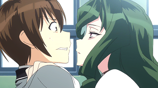 10s 1boy 1girl animated animated_gif bags_under_eyes brown_hair fuwa_hyouka green_hair imminent_kiss long_hair okuma_tanukichi shimoneta_to_iu_gainen_ga_sonzai_shinai_taikutsu_na_sekai short_hair