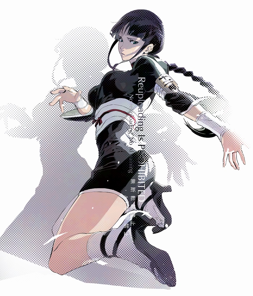 1girl black_dress black_hair black_shoes bleach boots braid breasts cofffee corset dress green_eyes high_heels kurotsuchi_nemu large_breasts legs long_braid long_hair looking_at_viewer shadow shinigami shoes sidelocks socks solo thighs white_background white_corset white_socks