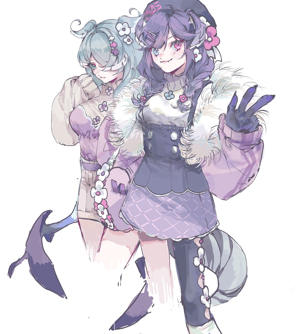 2girls beige_skirt beret black_headwear black_skirt breasts commentary dragon_tail elira_pendora english_commentary fang fang_out flower fur_trim hair_flower hair_ornament hair_over_one_eye hat head_wings heterochromia high-waist_skirt long_sleeves looking_at_viewer looking_down low_wings medium_breasts multiple_girls myun_(myun_art) nijisanji nijisanji_en one_eye_covered purple_eyes purple_hair purple_skirt purple_sweater selen_tatsuki siblings simple_background single_leg_pantyhose sisters skin_fang skirt sleeves_past_fingers sleeves_past_wrists sweater tail turtleneck turtleneck_sweater v virtual_youtuber white_background white_flower white_sweater wings