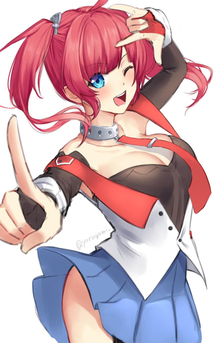 1girl arm_warmers azur_lane black_shirt black_skirt blue_eyes blue_skirt breasts choker cleavage cowboy_shot fingerless_gloves gloves highres medium_breasts necktie one_eye_closed red_hair red_necktie san_diego_(azur_lane) shirt simple_background skirt solo twintails twitter_username vest white_background white_vest yorugami_rei