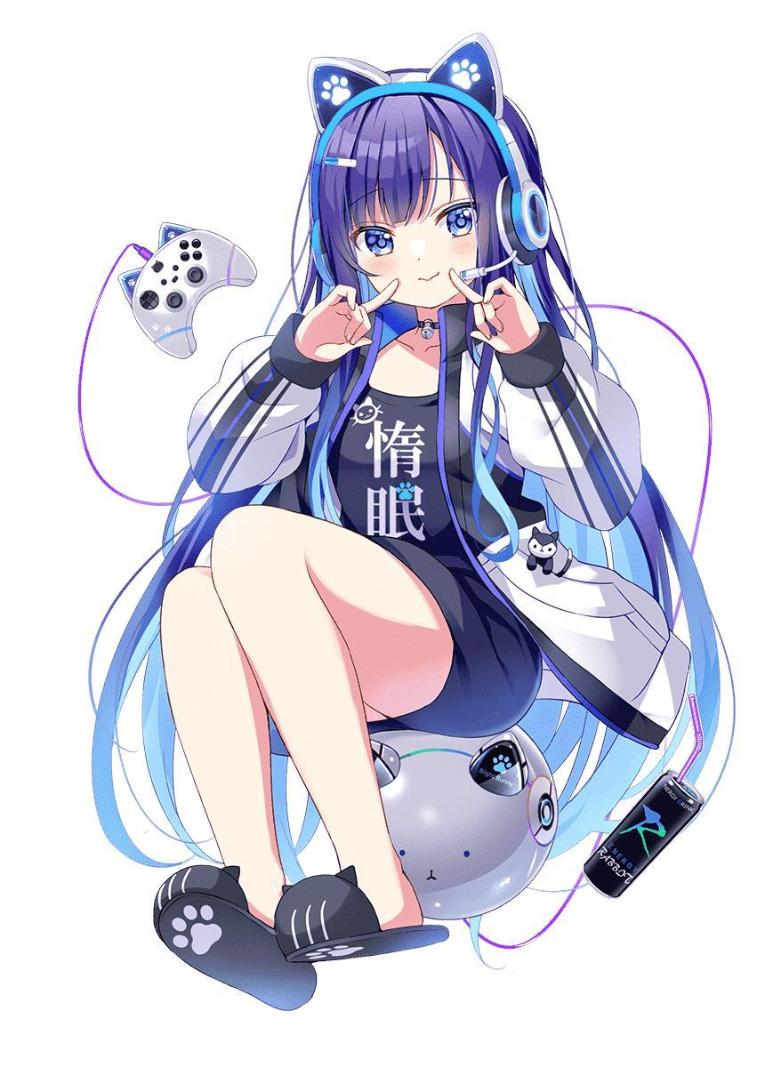1girl alternate_costume alternate_hair_length alternate_hairstyle animal_ear_headphones animal_ears april_fools bell black_choker black_shirt black_skirt black_slippers blue_eyes blunt_bangs blush brand_name_imitation can cat_ears choker clockwork_rabbit closed_mouth collarbone colored_eyelashes controller energy_drink fake_animal_ears finger_to_cheek fuiba_fuyu full_body game_controller gamepad gochuumon_wa_usagi_desu_ka? hair_ornament hairclip hand_up headphones highres index_fingers_raised jacket jingle_bell knees_up koi_(koisan) legs long_hair long_sleeves looking_at_viewer neck_bell no_socks official_art open_clothes open_jacket paw_print print_slippers shirt sidelocks simple_background skirt sleeves_past_wrists slippers smile solo straight_hair transparent_background tsurime very_long_hair white_jacket