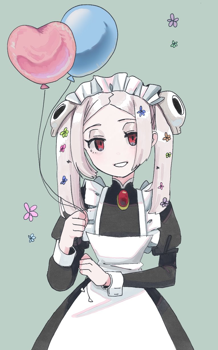 apron balloon bloody_marie_(skullgirls) brooch dress facing_viewer frilled_apron frills green_background grey_hair grin hair_ornament half-closed_eyes highres holding holding_balloon jewelry juliet_sleeves long_sleeves looking_at_viewer maid_headdress puffy_sleeves red_eyes shimoya_k skull_hair_ornament skullgirls smile twintails upper_body