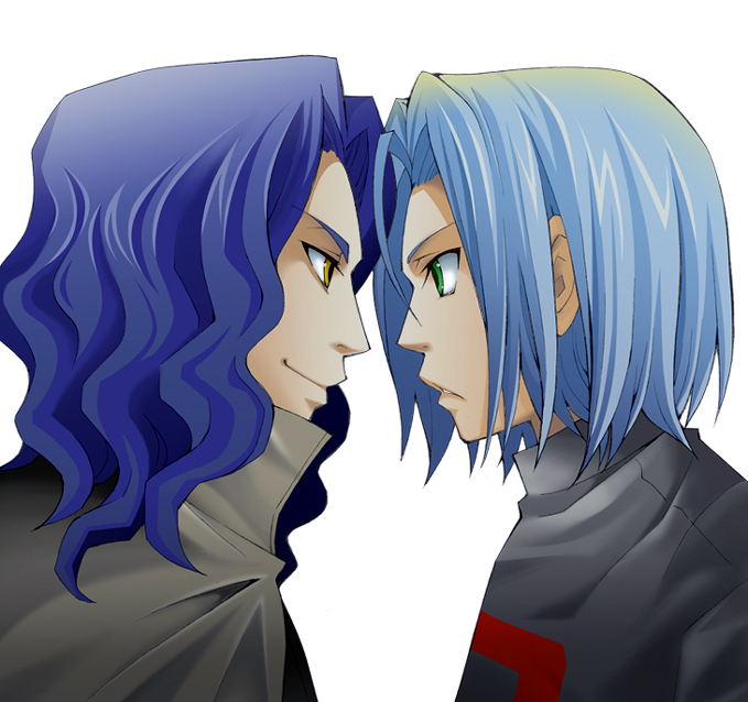2boys blue_hair coat green_eyes james_(pokemon) male_focus multiple_boys nintendo pierce_(pokemon) pokemon pokemon_(anime) pokemon_bw_(anime) purple_hair sebuchin simple_background team_rocket team_rocket_uniform white_background yellow_eyes