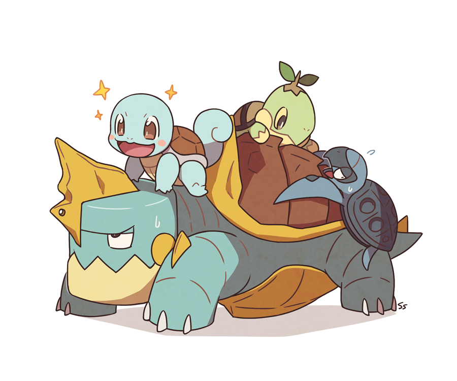 :d black_eyes brown_eyes claws creature drednaw full_body gen_1_pokemon gen_4_pokemon gen_5_pokemon gen_8_pokemon nintendo no_humans on_head open_mouth pokemon pokemon_(creature) pokemon_on_back pokemon_on_head riding riding_pokemon simple_background smile sparkle squirtle ssalbulre sweat tirtouga trait_connection turtle turtwig white_background