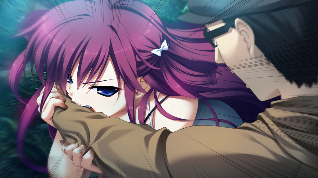 1boy 1girl attack bare_shoulders biting biting_another&#039;s_arm black-framed_eyewear black_hair black_hat black_pants blue_eyes bow brown_jacket camisole dirty_hands fumio_(ura_fmo) game_cg glasses grisaia_(series) grisaia_no_kajitsu hair_bow hair_intakes half_updo hat holding_another&#039;s_arm hood hood_down hooded_jacket jacket long_hair long_sleeves motion_lines non-web_source nose open_mouth outdoors pants red_hair sakashita_keiji short_hair speed_lines spoilers suou_amane variant_set white_bow white_camisole